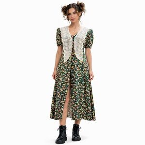 Vintage 1990s Floral Prairie Embroidered Lace Collar Maxi Dress DeadStock